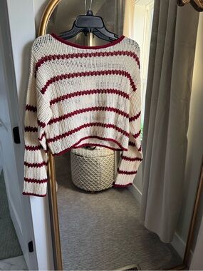 idem ditto Burgundy & Cream Striped Crewneck Sweater